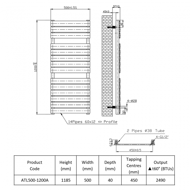 Prestige Atlantic Flat Panel Heated Towel Rail 1185mm H x 500mm W - Anthracite