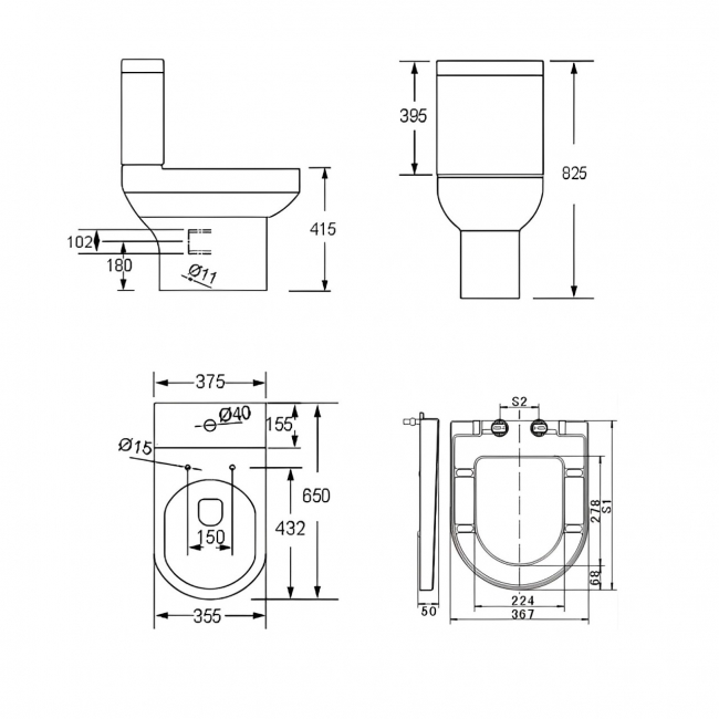 Prestige Bijoux Rimless Close to Wall Close Coupled Toilet with Push Button Cistern - Soft Close Seat