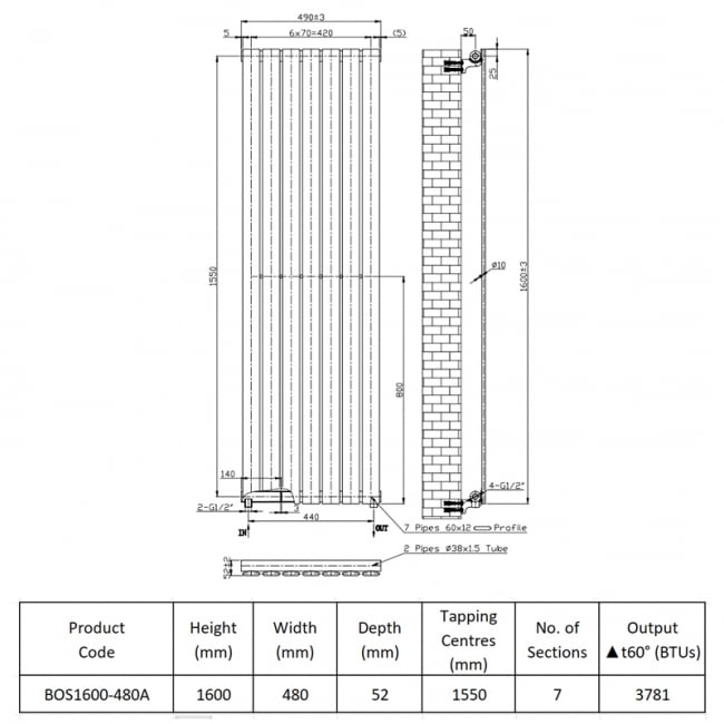 Prestige Boston Designer Radiator 1600mm H x 480mm W Anthracite
