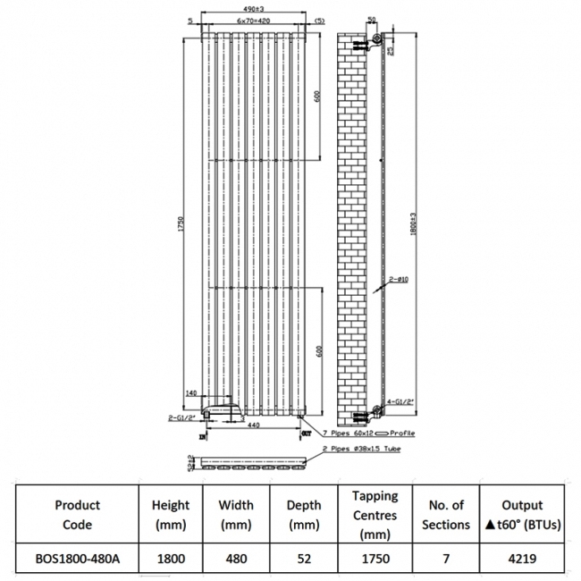 Prestige Boston Designer Radiator 1800mm H x 480mm W Anthracite