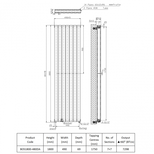 Prestige Boston Double Designer Radiator 1800mm H x 480mm W Anthracite  | Dimension Image