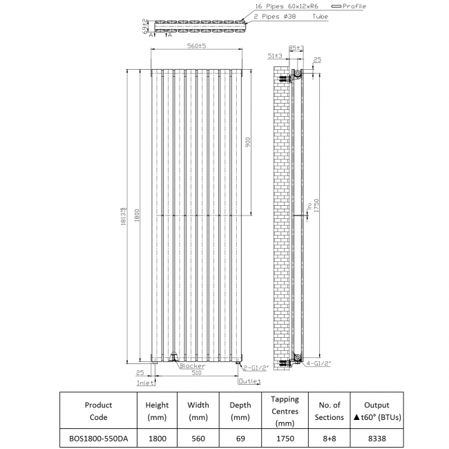 Prestige Boston Double Designer Radiator 1800mm H x 550mm W Anthracite  | Dimension Image