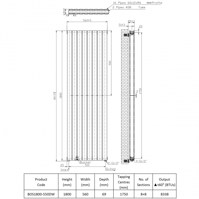 Prestige Boston Double Designer Radiator 1800mm H x 550mm W Gloss White  | Dimension Image