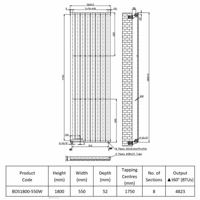 Prestige Boston Designer Radiator 1800mm H x 550mm W Gloss White