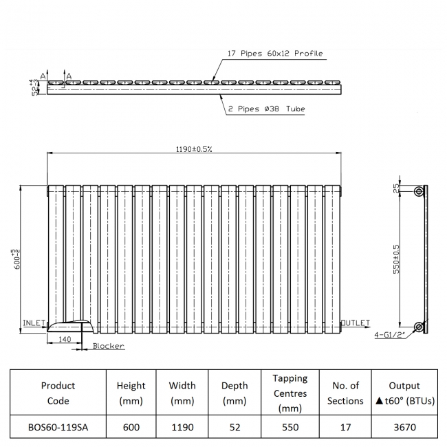Prestige Boston Single Designer Horizontal Radiator 600mm H x 1190mm W - Anthracite