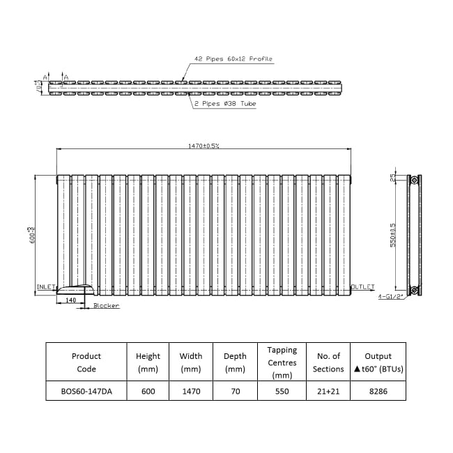 Prestige Boston Double Designer Horizontal Radiator 600mm H x 1470mm W - Anthracite