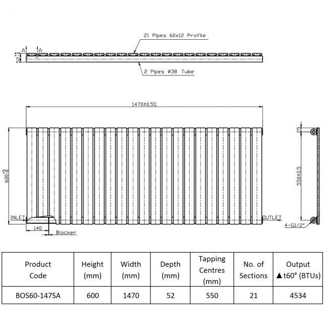 Prestige Boston Single Designer Horizontal Radiator 600mm H x 1470mm W - Anthracite  | Dimension Image