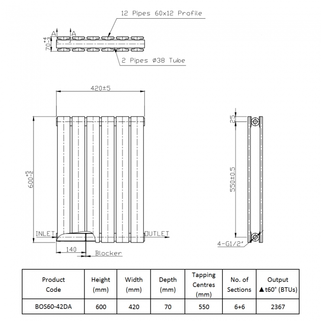 Prestige Boston Double Designer Horizontal Radiator 600mm H x 420mm W - Anthracite