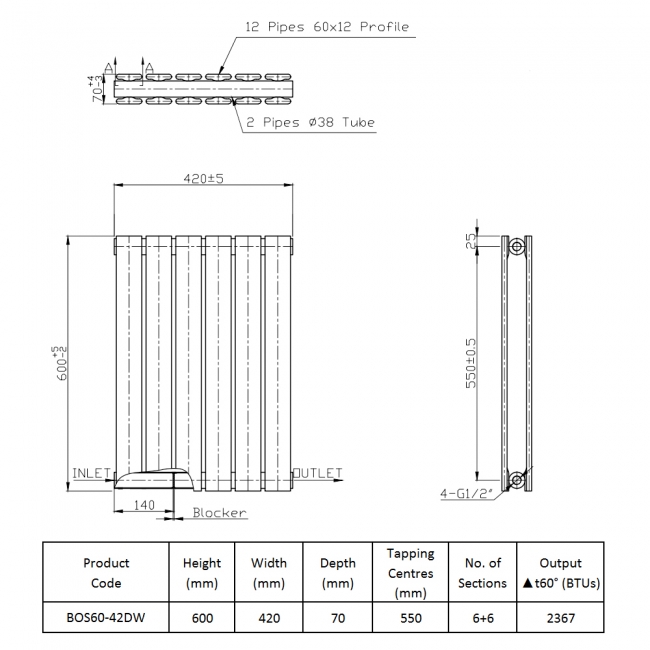 Prestige Boston Double Designer Horizontal Radiator 600mm H x 420mm W - Gloss White