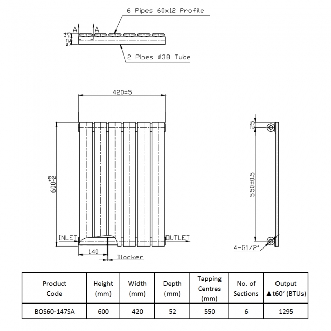 Prestige Boston Single Designer Horizontal Radiator 600mm H x 420mm W - Anthracite
