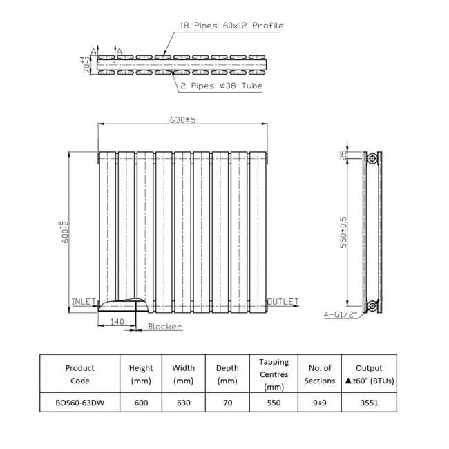 Prestige Boston Double Designer Horizontal Radiator 600mm H x 630mm W - Gloss White  | Dimension Image