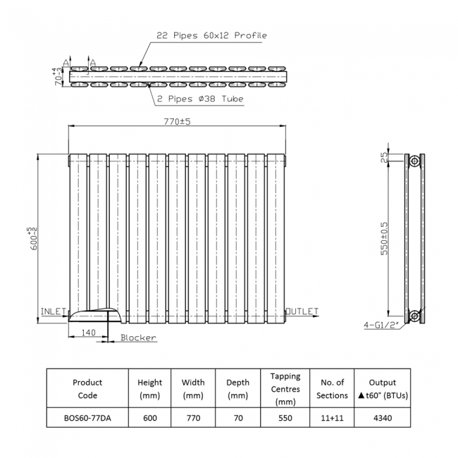 Prestige Boston Double Designer Horizontal Radiator 600mm H x 770mm W - Anthracite