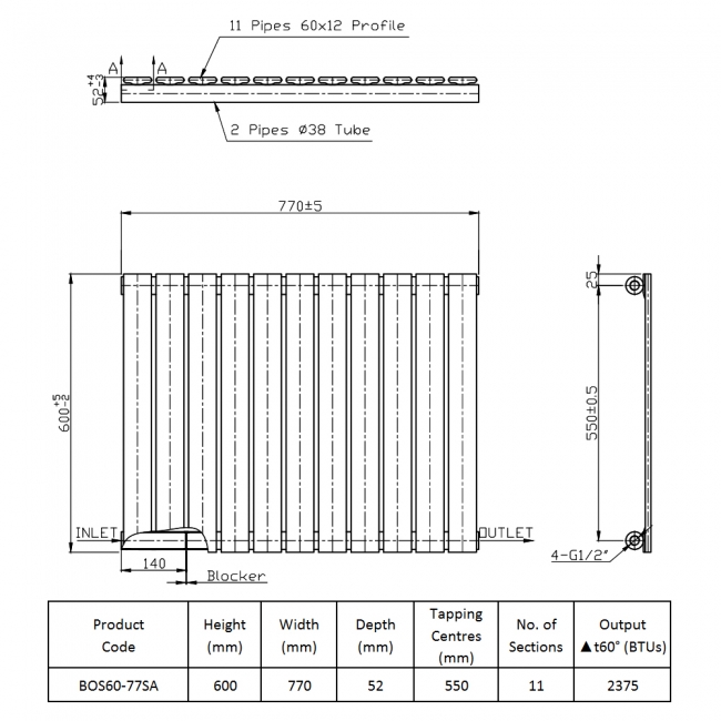 Prestige Boston Single Designer Horizontal Radiator 600mm H x 770mm W - Anthracite