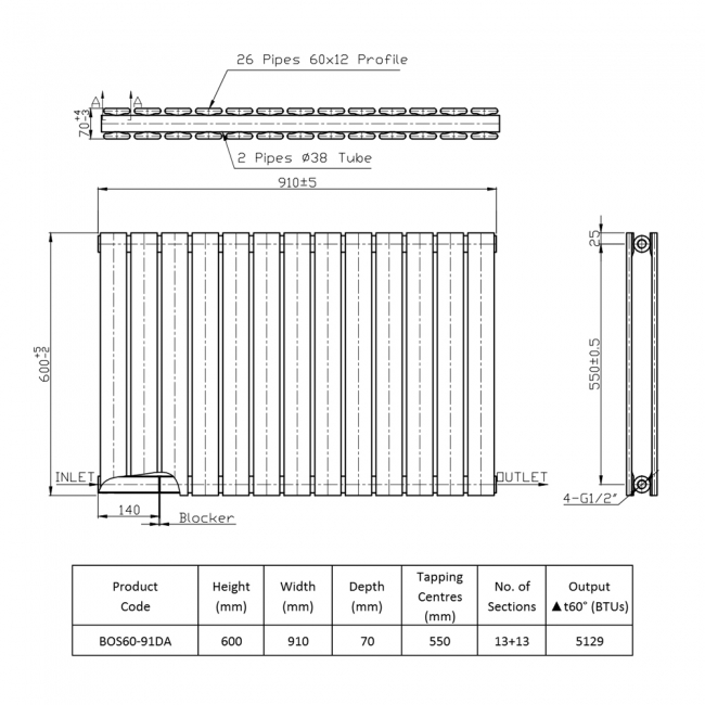 Prestige Boston Double Designer Horizontal Radiator 600mm H x 910mm W - Anthracite