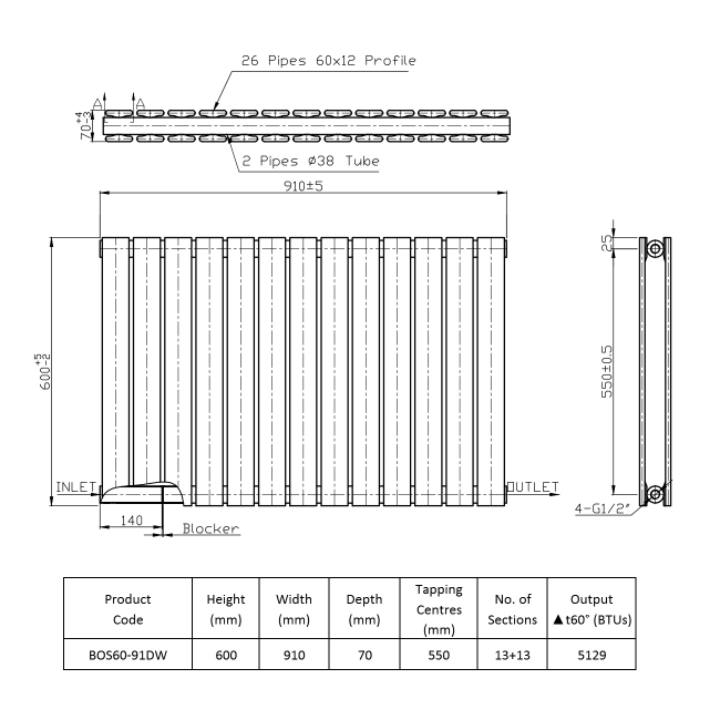 Prestige Boston Double Designer Horizontal Radiator 600mm H x 910mm W - Gloss White  | Dimension Image