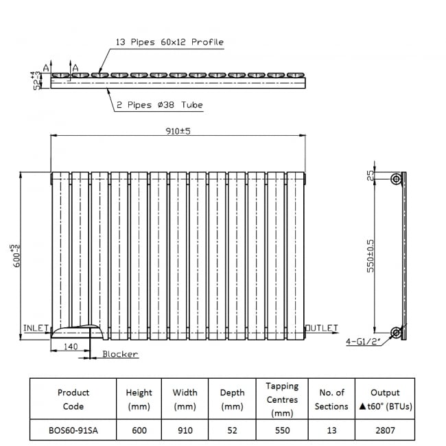 Prestige Boston Single Designer Horizontal Radiator 600mm H x 910mm W - Anthracite