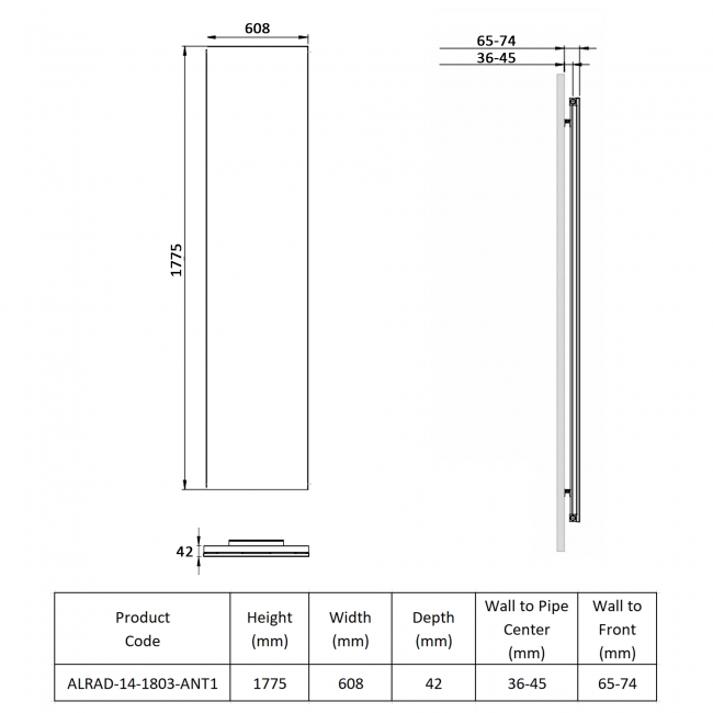 Prestige Brampton Vertical Aluminium Radiator 1775mm H x 608mm W - Antique Copper  | Dimension Image