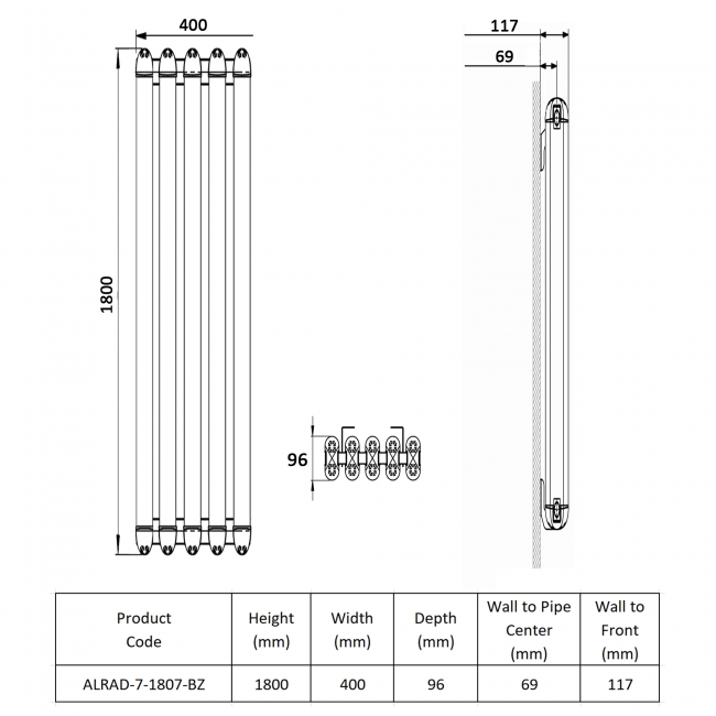 Prestige Calgary Vertical Aluminium Radiator 1800mm H x 400mm W - Bronze  | Dimension Image