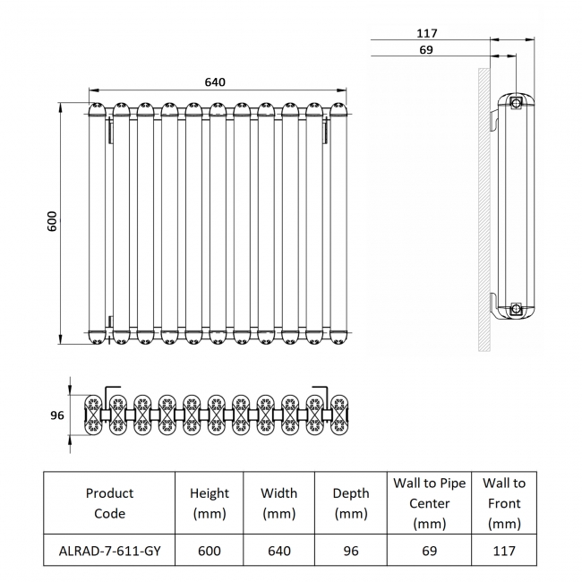 Prestige Calgary Horizontal Aluminium Radiator 600mm H x 640mm W - Grey  | Dimension Image