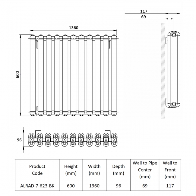 Prestige Calgary Horizontal Aluminium Radiator 600mm H x 1360mm W - Black  | Dimension Image
