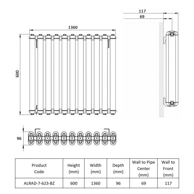 Prestige Calgary Horizontal Aluminium Radiator 600mm H x 1360mm W - Bronze  | Dimension Image