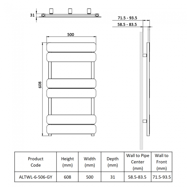 Prestige Canmore Designer Heated Towel Rail 608mm H x 500mm W - Grey  | Dimension Image