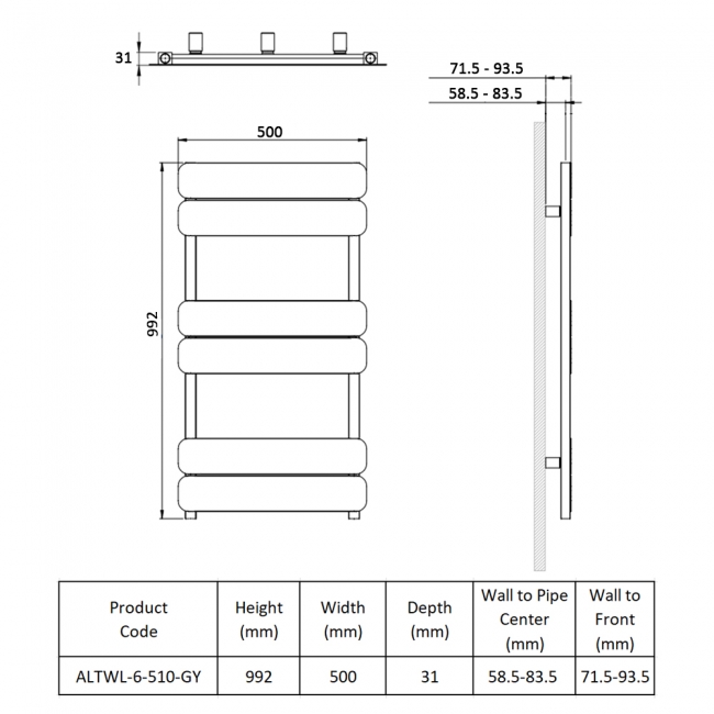 Prestige Canmore Designer Heated Towel Rail 992mm H x 500mm W - Grey  | Dimension Image