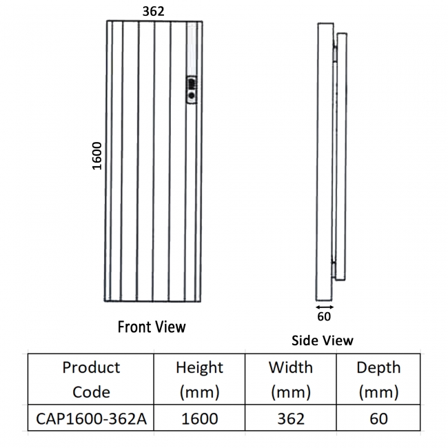 Prestige Capri Electric Aluminium Panel Heater Radiator 1600mm H x 362mm W - Anthracite  | Dimension Image