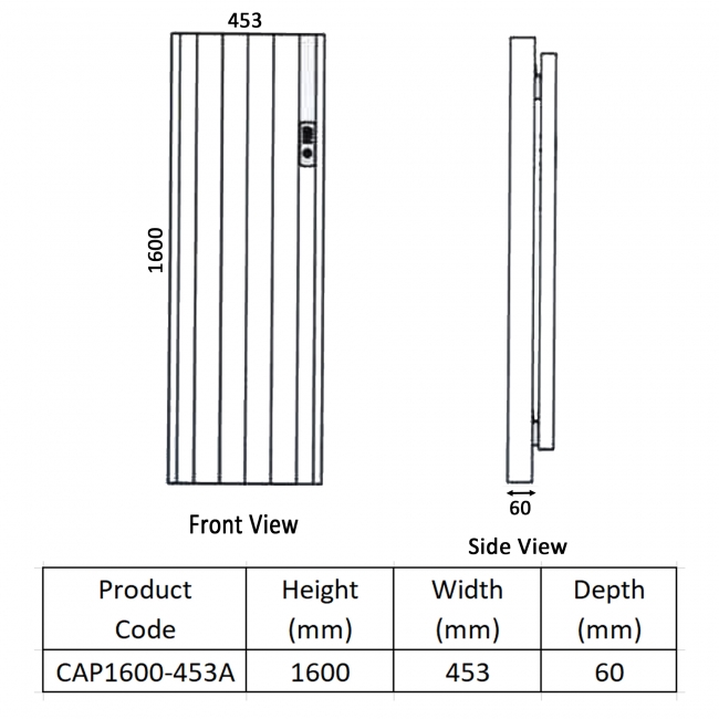 Prestige Capri Electric Aluminium Panel Heater Radiator 1600mm H x 453mm W - Anthracite  | Dimension Image