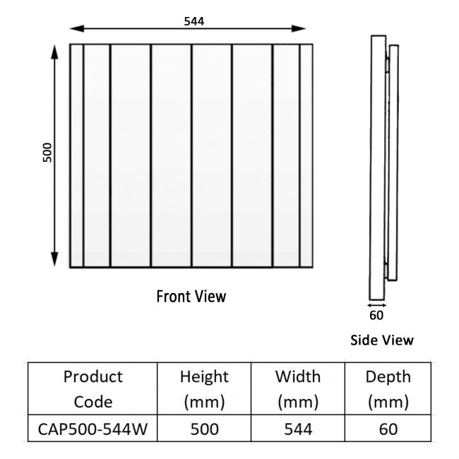 Prestige Capri Electric Aluminium Panel Heater Radiator 500mm H x 544mm W - White  | Dimension Image