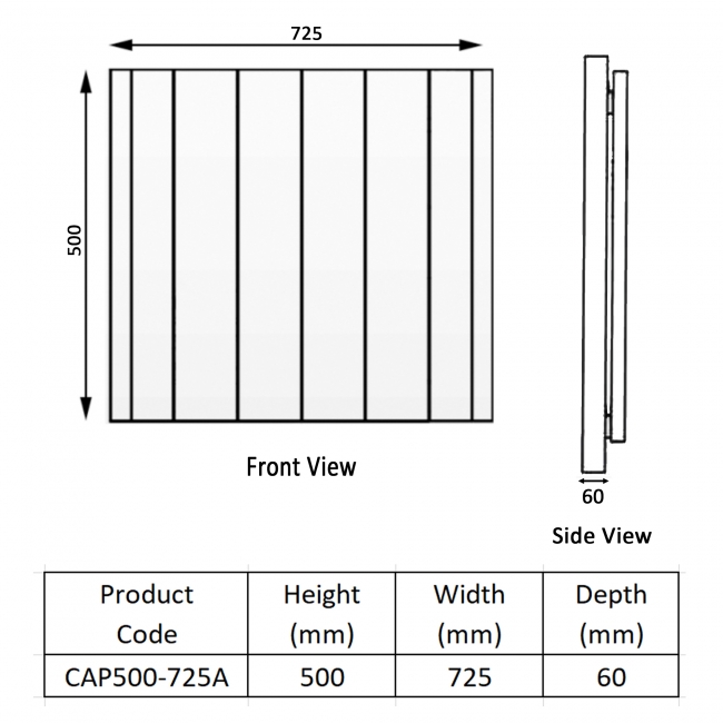 Prestige Capri Electric Aluminium Panel Heater Radiator 500mm H x 725mm W - Anthracite  | Dimension Image