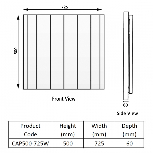 Prestige Capri Electric Aluminium Panel Heater Radiator 500mm H x 725mm W - White  | Dimension Image