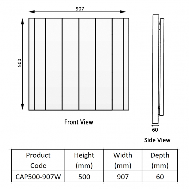 Prestige Capri Electric Aluminium Panel Heater Radiator 500mm H x 907mm W - White  | Dimension Image