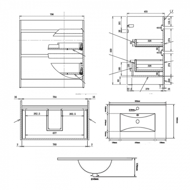 Prestige City 2-Drawer Floor Standing Vanity Unit with Basin 800mm Wide - Storm Grey Gloss