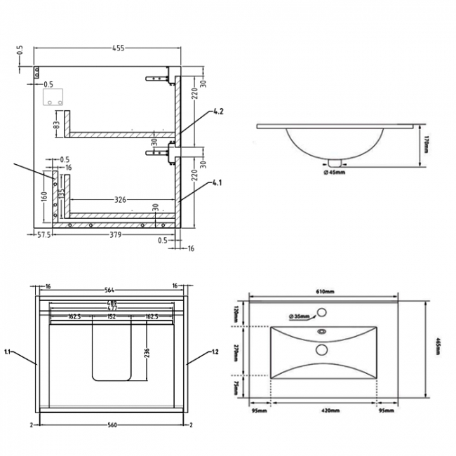 Prestige City 2-Drawer Wall Hung Vanity Unit with Basin 600mm Wide - Storm Grey Gloss