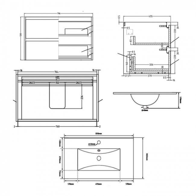 Prestige City 2-Drawer Wall Hung Vanity Unit with Basin 800mm Wide - White