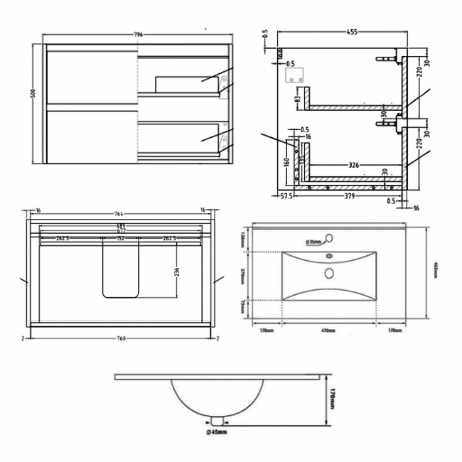 Prestige City 2-Drawer Wall Hung Vanity Unit with Basin 800mm Wide - Storm Grey Gloss