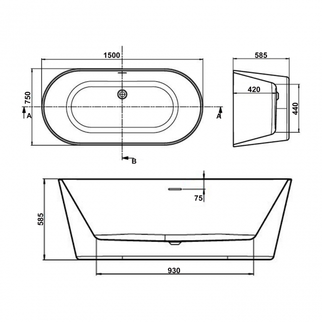 Prestige Coast Freestanding Bath 1500mm x 750mm - 0 Tap Hole