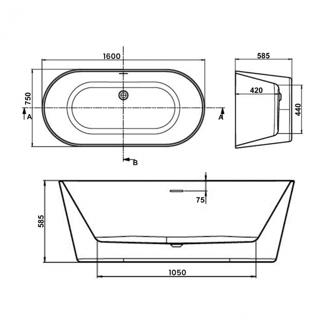 Prestige Coast Freestanding Bath 1600mm x 750mm - 0 Tap Hole