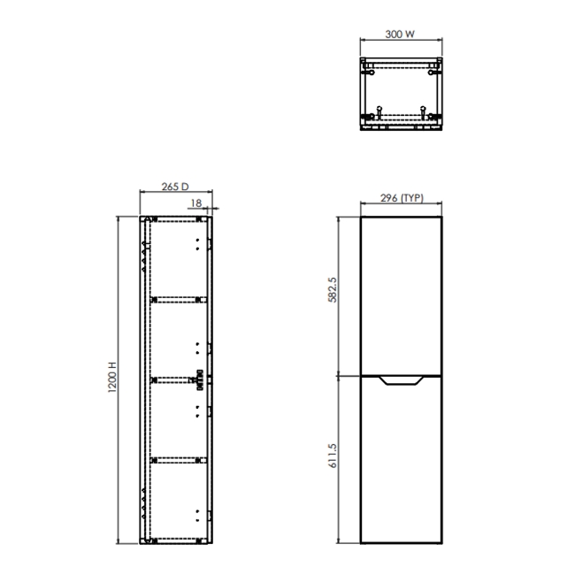 Prestige Culture Wall Mounted 2-Door Tall Unit 1200mm High x 300mm Wide - Matt Anthracite  | Dimension Image
