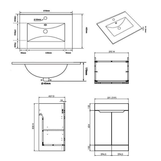 Prestige Culture 2-Door Floor Standing Vanity Unit with Basin 600mm Wide - Matt Anthracite  | Dimension Image