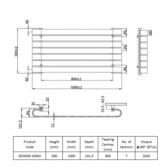 Prestige Denver Designer Horizontal Radiator 500mm H x 1000mm W - Anthracite