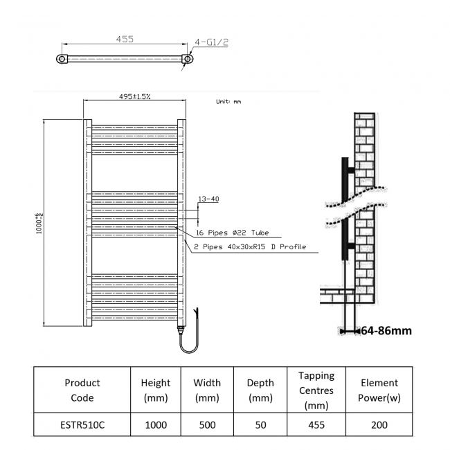 Prestige E-Rail Straight Electric Towel Rail 1000mm H x 500mm W Chrome