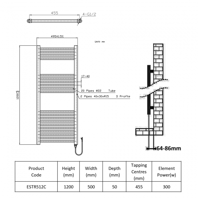 Prestige E-Rail Straight Electric Towel Rail 1200mm H x 500mm W Chrome