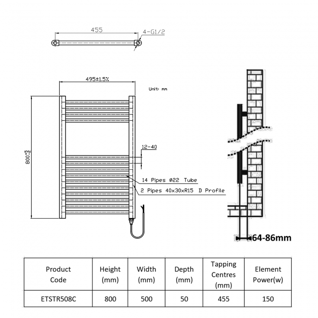 Prestige E-Rail Straight Thermostatic Electric Towel Rail 800mm H x 500mm W Chrome