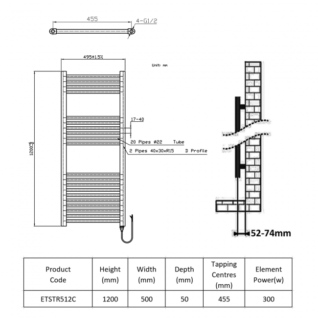 Prestige E-Rail Straight Thermostatic Electric Towel Rail 1200mm H x 500mm W Chrome