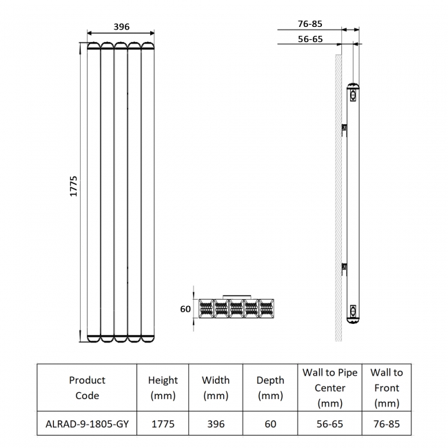 Prestige Edmonton Vertical Aluminium Radiator 1775mm H x 396mm W - Grey  | Dimension Image