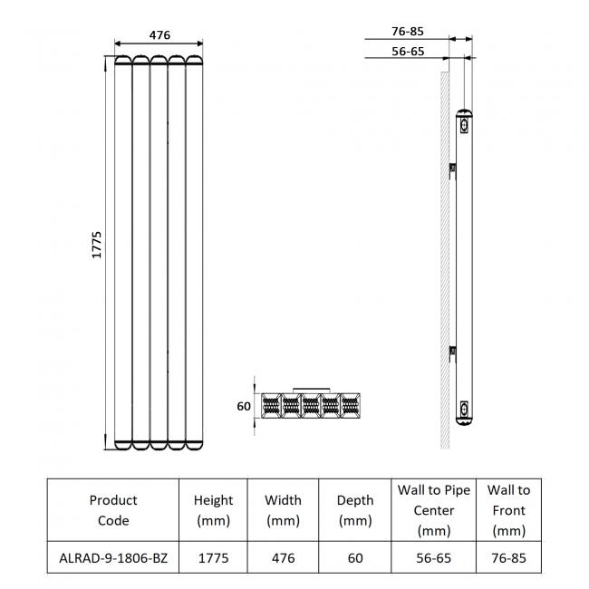Prestige Edmonton Vertical Aluminium Radiator 1775mm H x 476mm W - Bronze  | Dimension Image