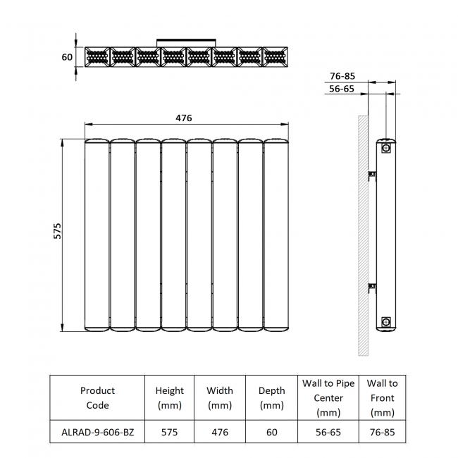 Prestige Edmonton Horizontal Aluminium Radiator 575mm H x 476mm W - Bronze  | Dimension Image
