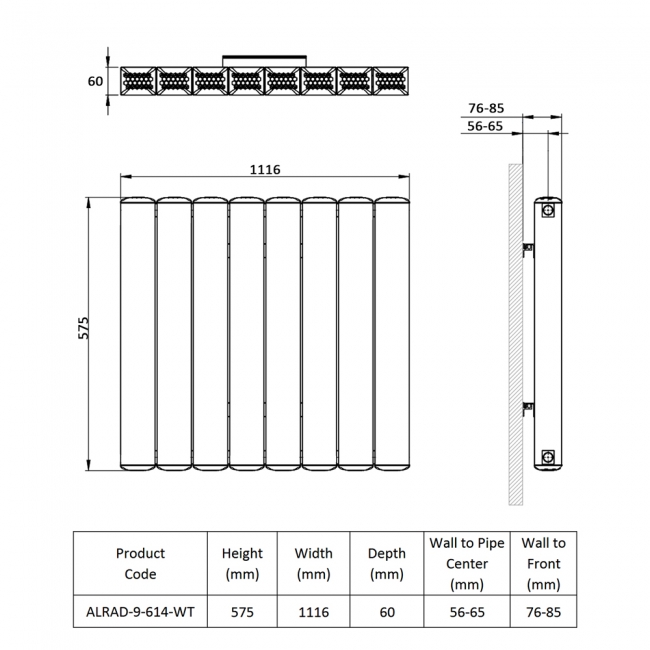 Prestige Edmonton Horizontal Aluminium Radiator 575mm H x 1116mm W - White  | Dimension Image